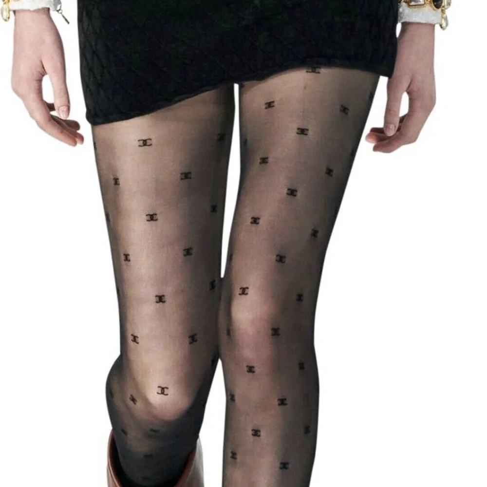Brocade eyelash CC Monogram Logo, Nylon Pantyhose Black Tights